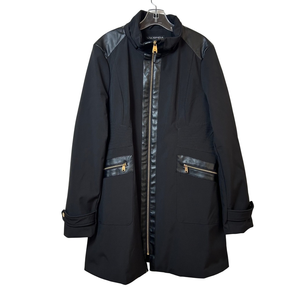 Via Spiga Black Softshell Jacket XL Faux Leather Trim Gold Hardware Fur Lined